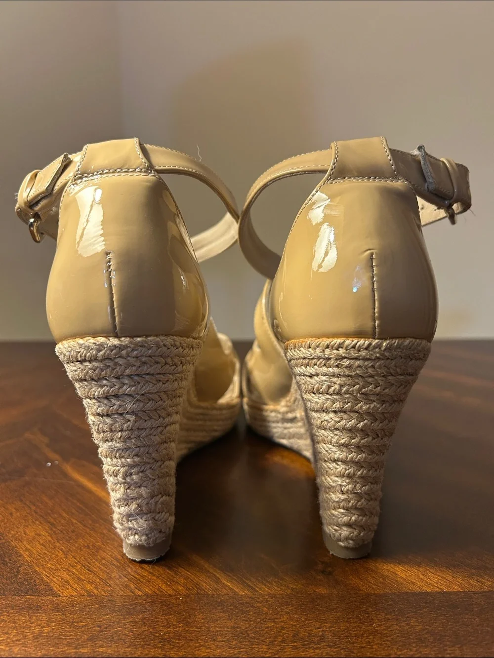 L. K. Bennett Patent Nude Braided Wedge Heels